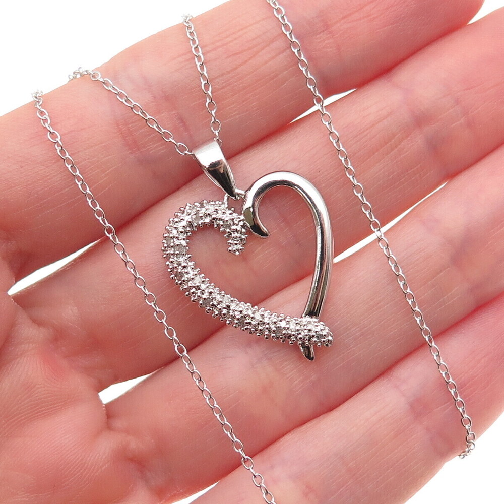 Charles Winston 925 Sterling Silver Real Diamond Heart Cable Chain Necklace 18"